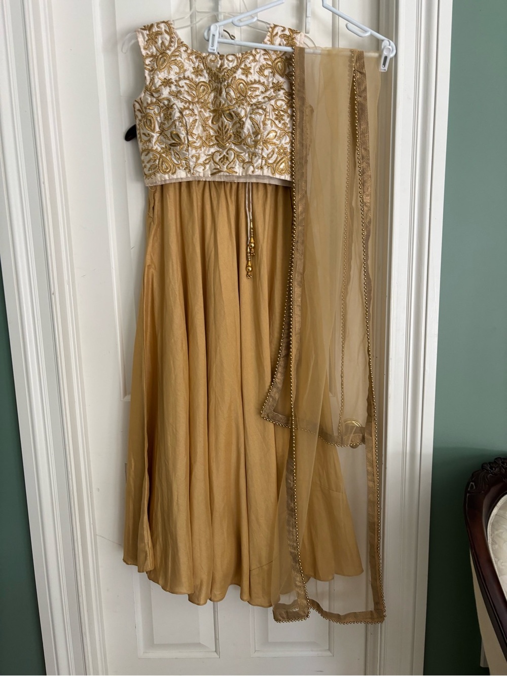 Gold Lehenga skirt, Choli with full gold thread embroidered and Dupetta Medium